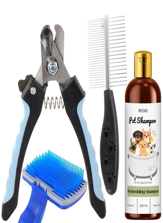 مجموعة العناية بالحيوانات الأليفة مع شامبو لإزالة الشعر الزائد، وفرشاة احترافية للكلاب، ومقص أظافر، 200 مل (عبوة من 4 قطع) - Image 1